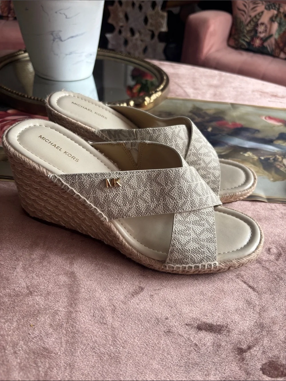 Michael Kors Neutral Crisscross Espadrille Wedge Sandals